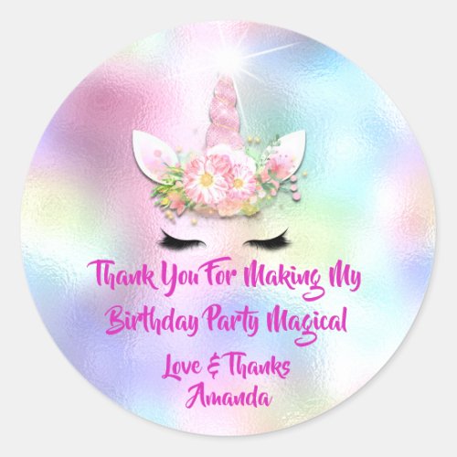 Unicorn Birthday Favor Pink Spark Gold Floral Ombr Classic Round Sticker