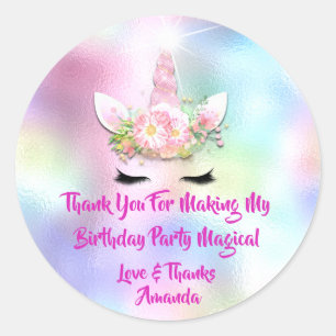 Unicorn Birthday Favor Pink Spark Gold Floral Ombr Classic Round Sticker