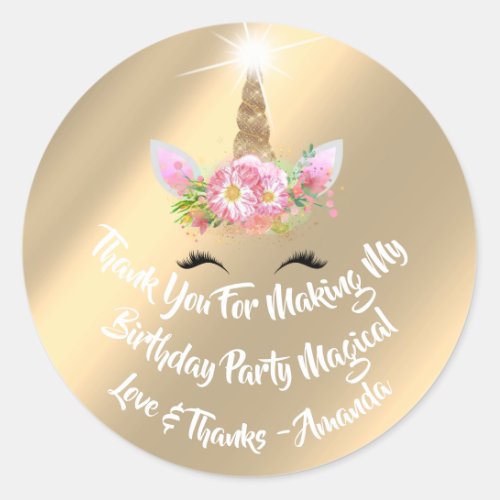 Unicorn Birthday Favor Pink Sparkly Gold Floral Classic Round Sticker