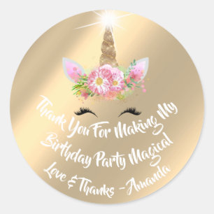 Unicorn Birthday Favor Pink Sparkly Gold Floral Classic Round Sticker