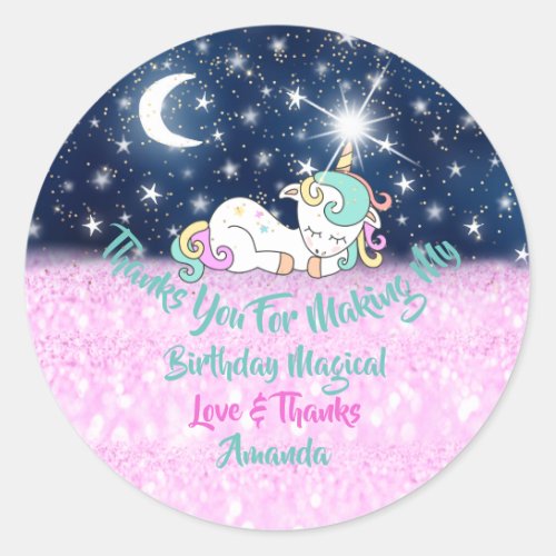 Unicorn Birthday Favor Pink Thanks Stars Magic Classic Round Sticker