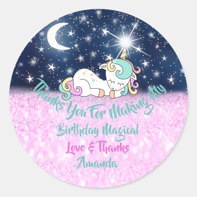 Unicorn Birthday Favor Pink Thanks Stars Magic Classic Round Sticker (Front)
