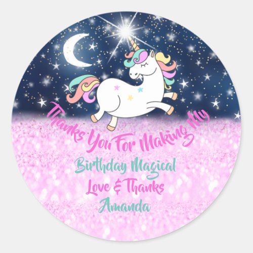 Unicorn Birthday Favor Pink Thanks Stars Spark Classic Round Sticker