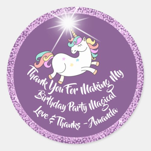 Unicorn Birthday Favor Purple Thanks Stars Spark Classic Round Sticker