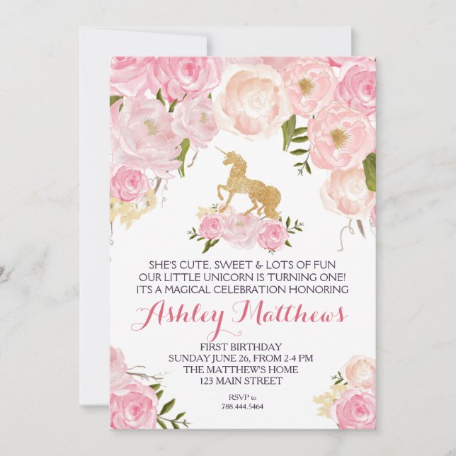 Unicorn birthday FIRST Floral Invitation, Invitation (Front)