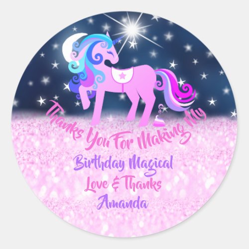 Unicorn Birthday Fuchsia Pink Thanks Stars Sparkly Classic Round Sticker