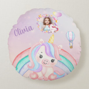 Unicorn Birthday Gift For girls - Name And Photo Round Pillow