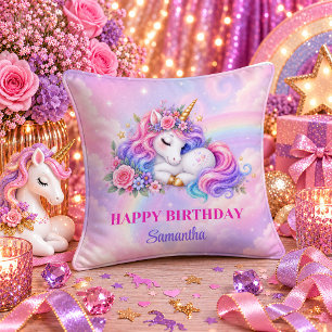 Unicorn Birthday Girl Colorful Pastel Throw Pillow