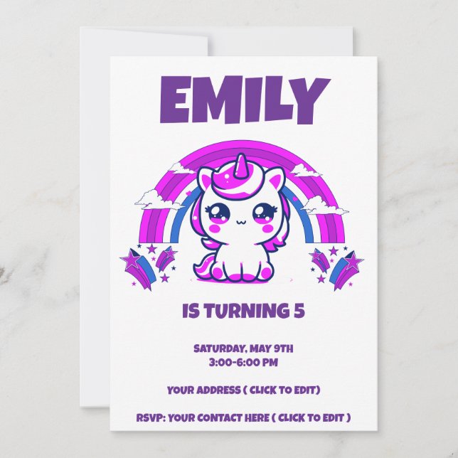 Unicorn Birthday Girl Invite | Editable (Front)