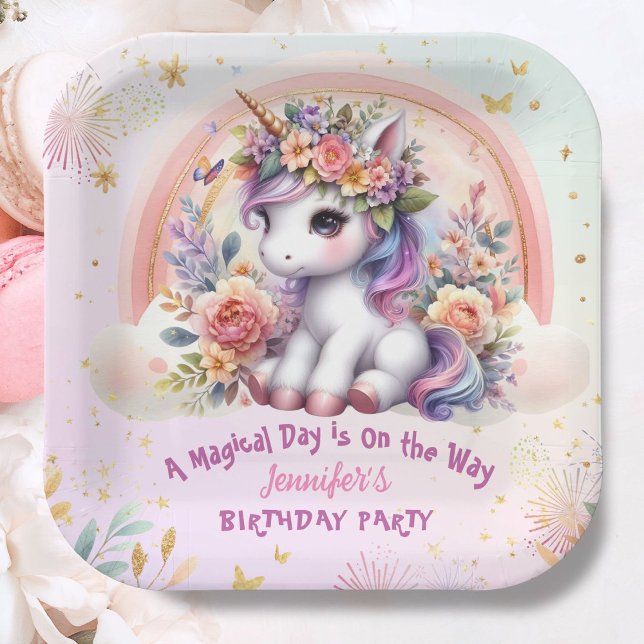 Unicorn Birthday Girl Pink Floral Rainbow Paper Plates (Creator Uploaded)