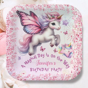 Unicorn Birthday Girl Pink Purple Glitter Paper Plates