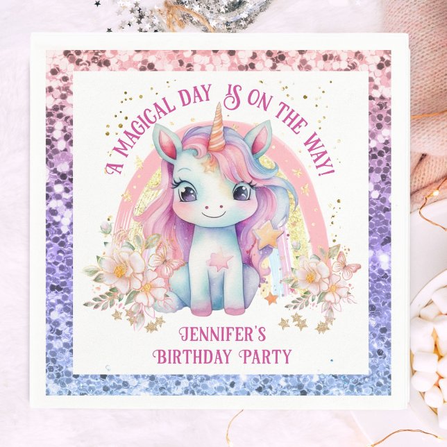 Unicorn Birthday Girl Pink Rainbow Glitter Napkins (Creator Uploaded)