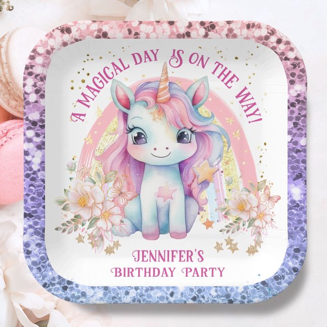 Unicorn Birthday Girl Pink Rainbow Glitter Paper Plates (Creator Uploaded)
