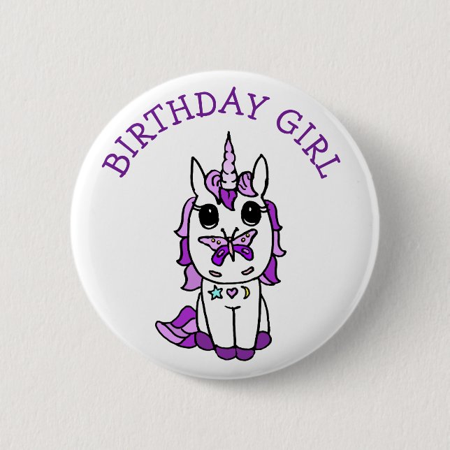 Unicorn Birthday Girl Purple Button (Front)