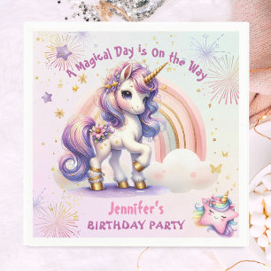 Unicorn Birthday Girl Purple Gold Rainbow Paper Napkins
