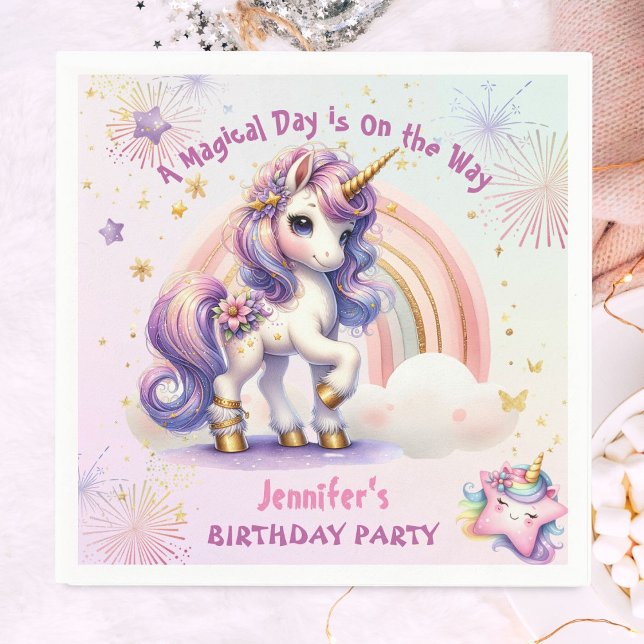 Unicorn Birthday Girl Purple Gold Rainbow Paper Napkins (Creator Uploaded)