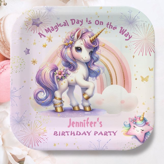 Unicorn Birthday Girl Purple Gold Rainbow Paper Plates (Creator Uploaded)