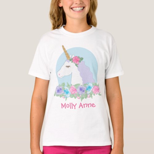 Unicorn Birthday Girl Watercolor Floral T_Shirt