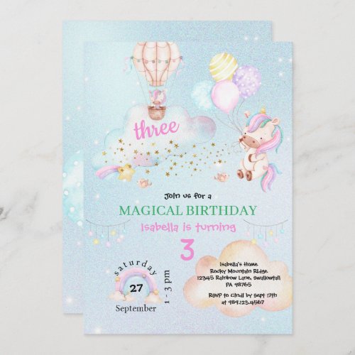 Unicorn Birthday Hot Air Balloons Fiesta  Invitation