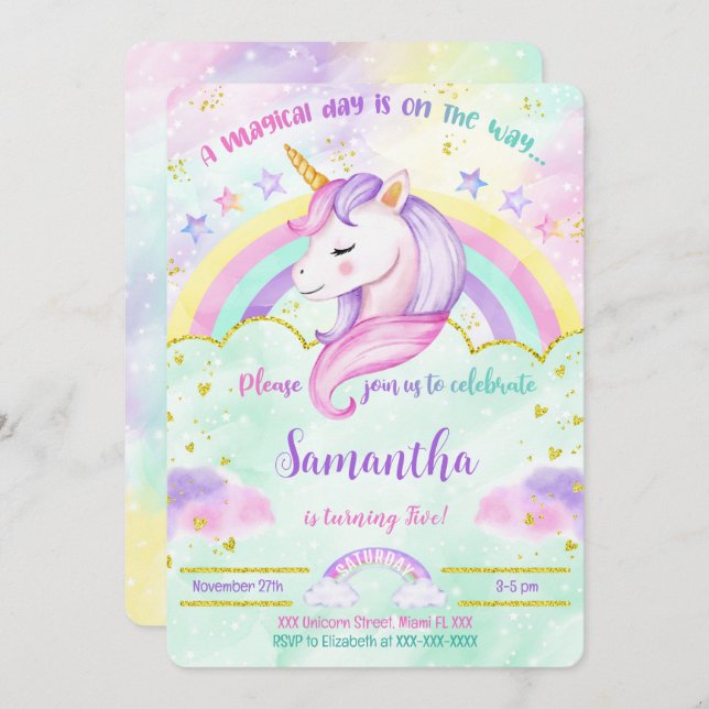 Unicorn Birthday Invitation  (Front/Back)