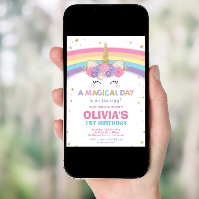 Unicorn Birthday Invitation 1st Birthday Party (Front Digital)