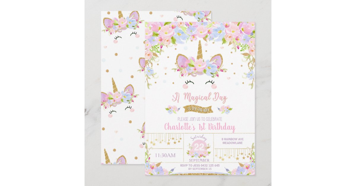 Unicorn Birthday Invitation Cute Floral Girls | Zazzle
