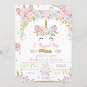 Unicorn Birthday Invitation Cute Floral Girls