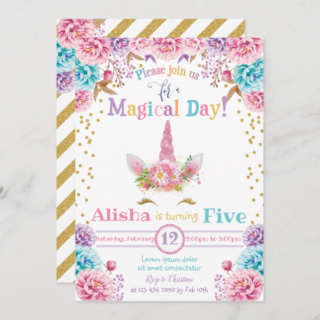 Unicorn Birthday Invitation Floral (Front/Back)