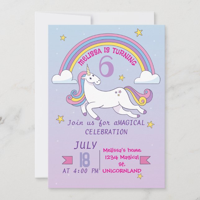 Unicorn Birthday Invitation for Girls (Front)