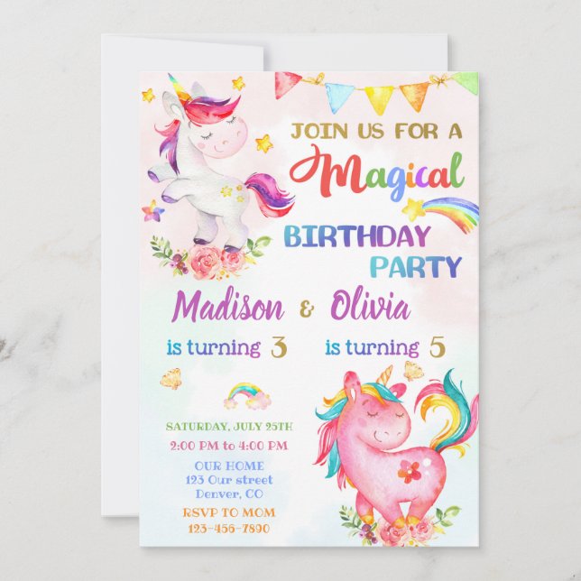 Unicorn birthday invitation for girls Magic party (Front)