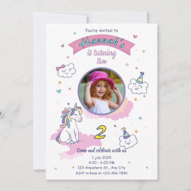 Unicorn birthday invitation girl bday invite (Front)