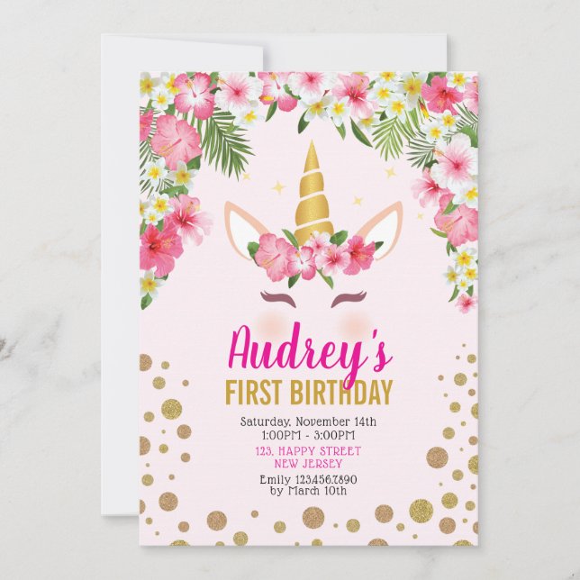 Unicorn Birthday Invitation. Girl Birthday Invitation (Front)