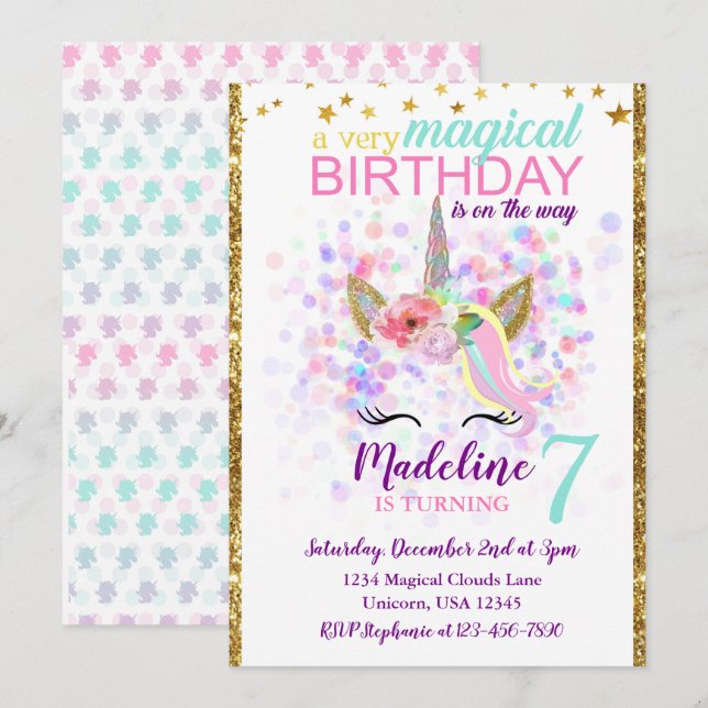 Unicorn Birthday Invitation Magical Celebration (Front/Back)