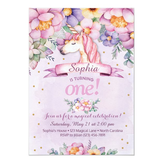 Unicorn Birthday Invitation Magical Floral Invite