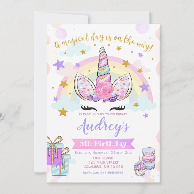 Unicorn Birthday Invitation - Magical - Glitter (Front)