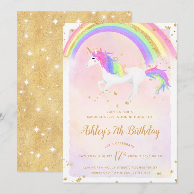 Unicorn Birthday Invitation | Magical Gold Rainbow (Front/Back)