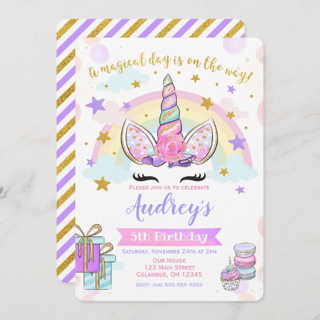 Unicorn Birthday Invitation Magical Party Glitter (Front/Back)