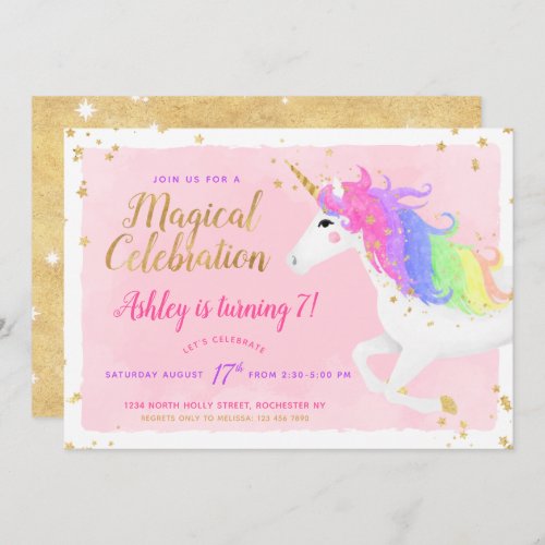 Unicorn Birthday Invitation  Magical Pink  Gold