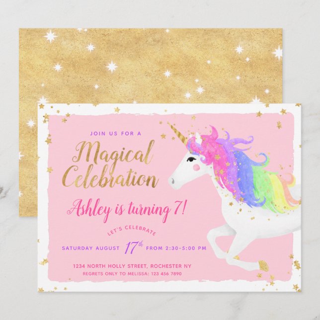 Unicorn Birthday Invitation | Magical Pink & Gold (Front/Back)