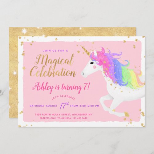 Unicorn Birthday Invitation  Magical Pink  Gold