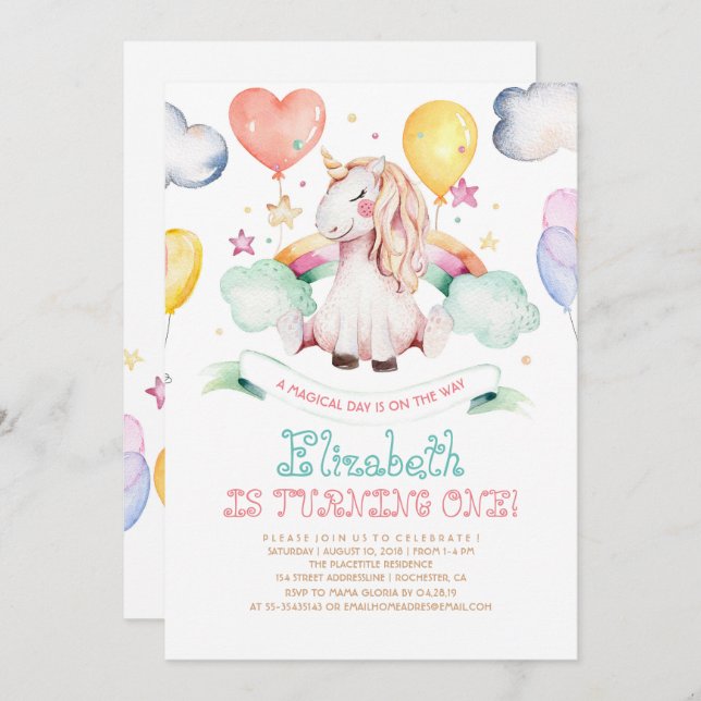 Unicorn Birthday Invitation | Magical Rainbow (Front/Back)