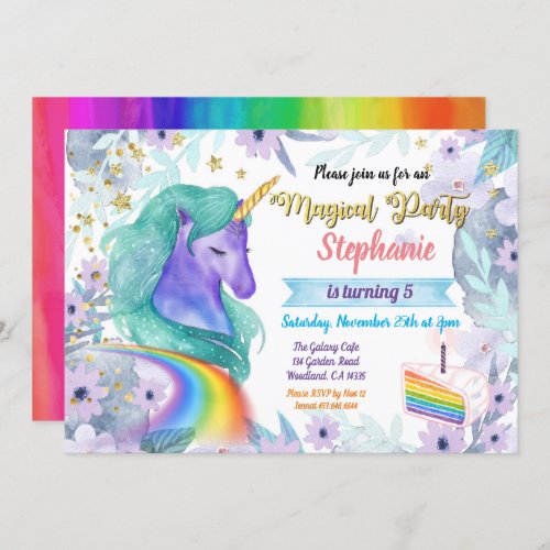 Unicorn birthday invitation Magical rainbow cake Invitation