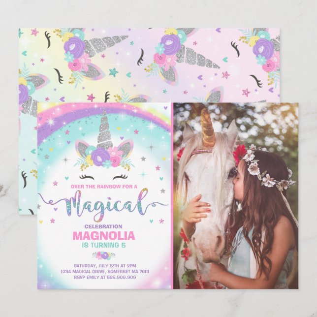 Unicorn Birthday Invitation Magical Unicorn Party (Front/Back)