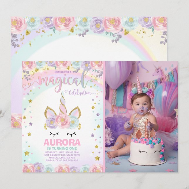Unicorn Birthday Invitation Magical Unicorn Party (Front/Back)