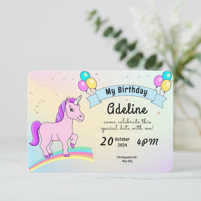 Unicorn Birthday Invitation Pastel Rainbow Party (Standing Front)