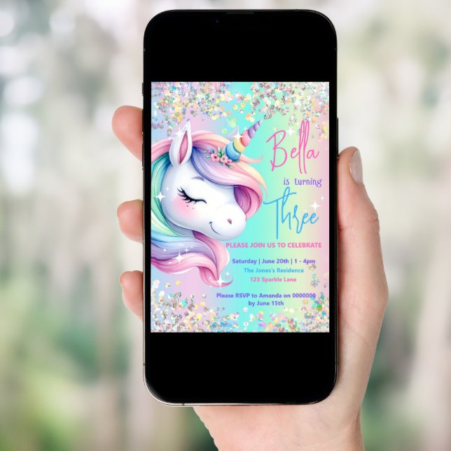 Unicorn Birthday Invitation Pastel Rainbow Party  (Front Digital)