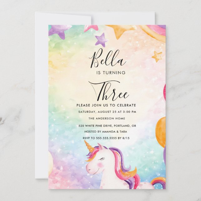 Unicorn Birthday Invitation Pastel Rainbow Party (Front)
