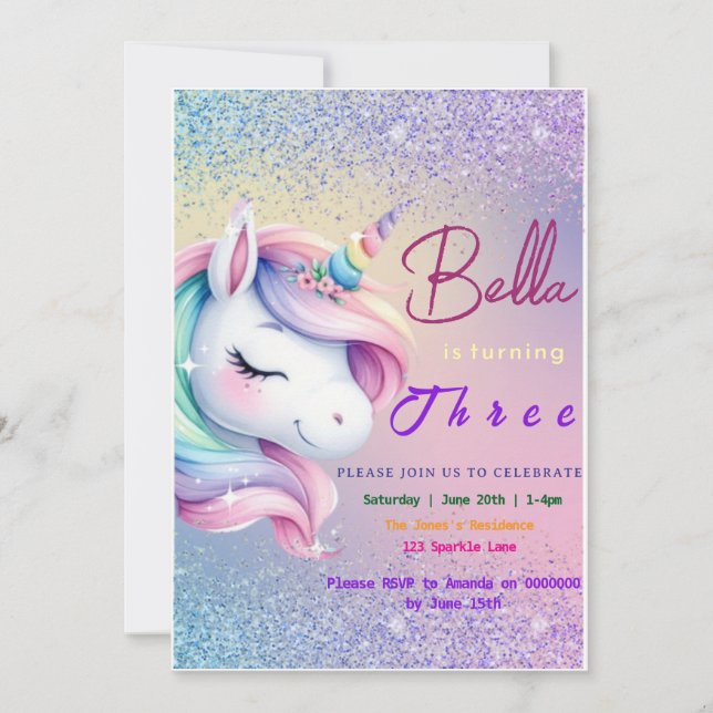 Unicorn Birthday Invitation Pastel Rainbow Party  (Front)