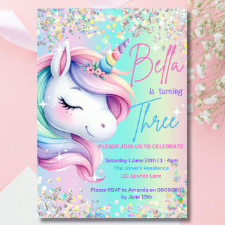 Unicorn Birthday Invitation Pastel Rainbow Party 
