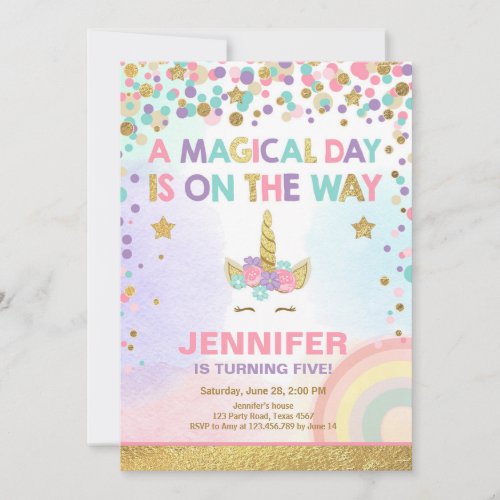 Unicorn Birthday Invitation Pink Gold Magical